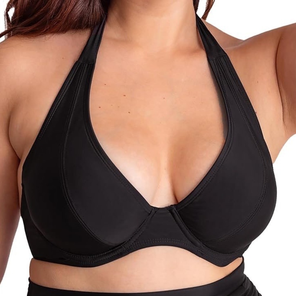 Shapermint Essentials Full Coverage Halter Bikini‎ Top Black Size L